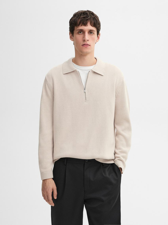 Massimo Dutti Трикотажный свитер с воротником поло на молнии, бежевый