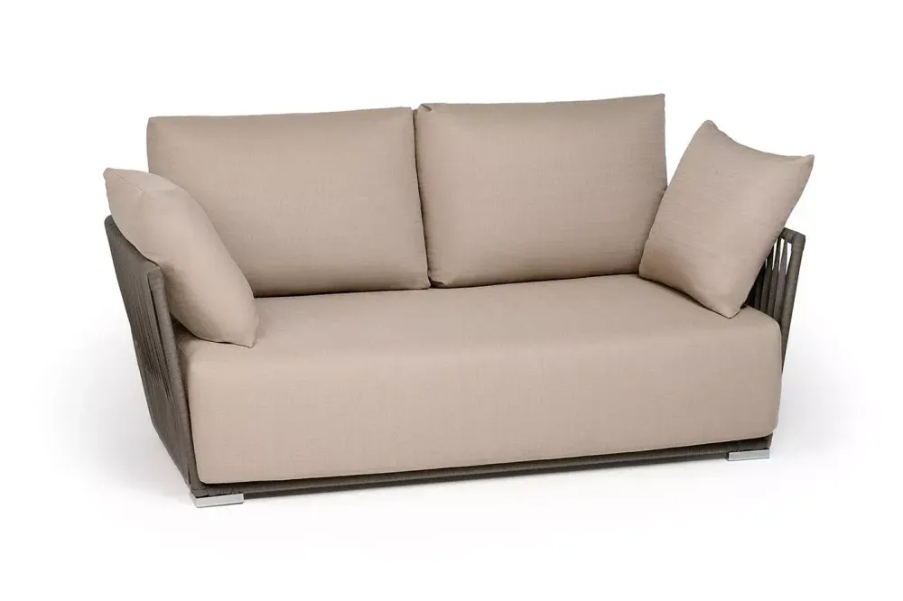 "Форли" диван 2-местный плетеный из роупа, каркас алюминий светло-серый (RAL7035) муар, роуп серо-коричневый 23мм, ткань Mossle бежевая