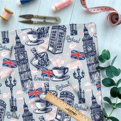 Ткань габардин корона, чай, биг-бен и великобританский флаг