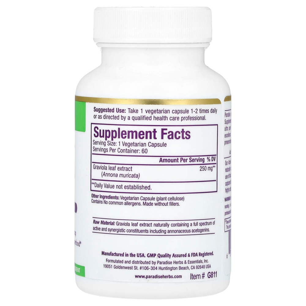 Paradise Herbs, Экстракт гравиолы, 250 мг, 60 вегетарианских капсул