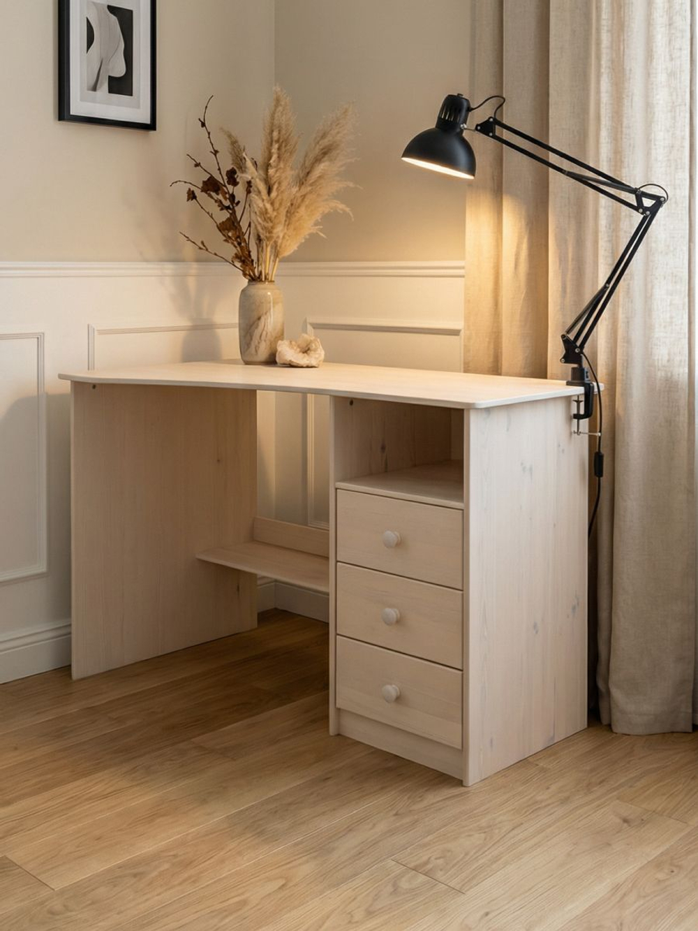 Стол письменный, 110х70х78, Corner, компьютерный, угловой, с тумбой (справа), массив сосны, белый, Dipriz