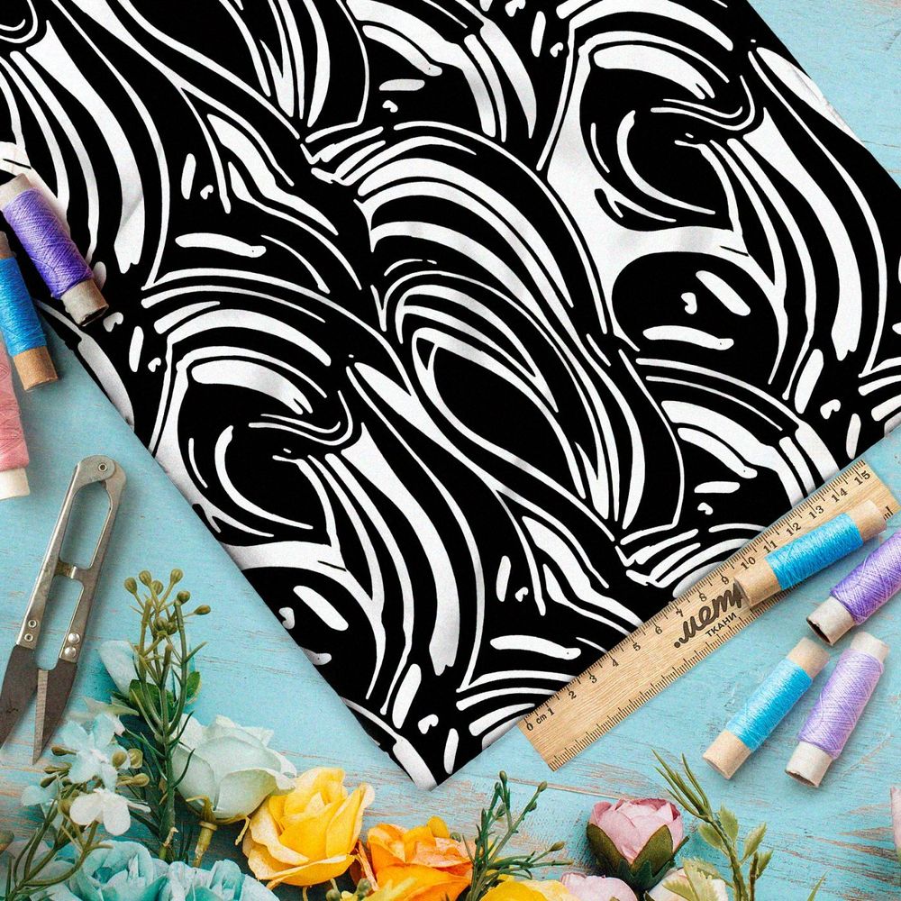 Ткань премиум сатин черно-белые контуры