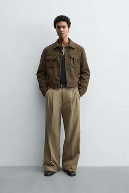 ZARA БРЮКИ WIDE-FIT СО СКЛАДКАМИ, БЕЖЕВЫЙ