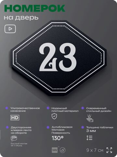 Номерок на дверь квартиры 23, для кабинета, офиса, шильдик 9 х 7 см, черный, Айдентика Технолоджи