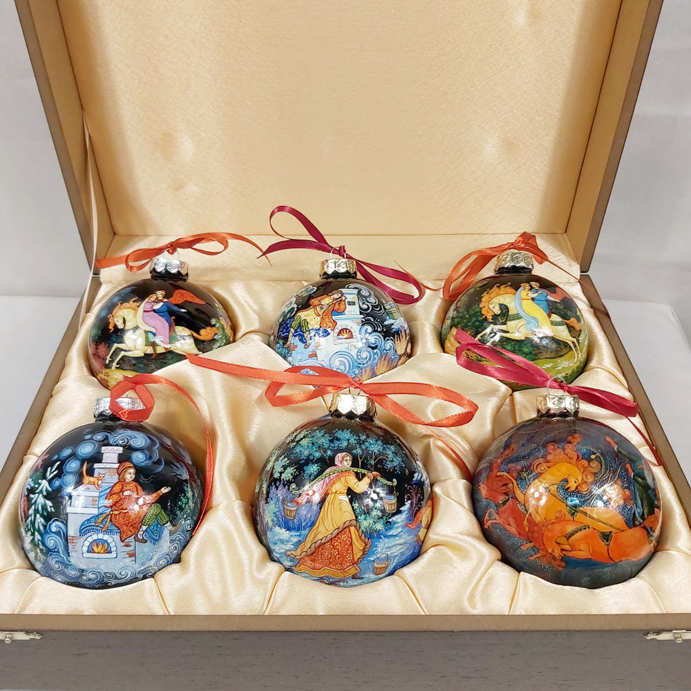 Сувенирный набор из 6-ти новогодних шаров с ручной росписью Палех