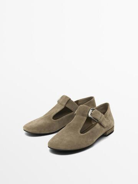 Massimo Dutti Туфли на плоской подошве с ремешком и пряжкой, кротовый