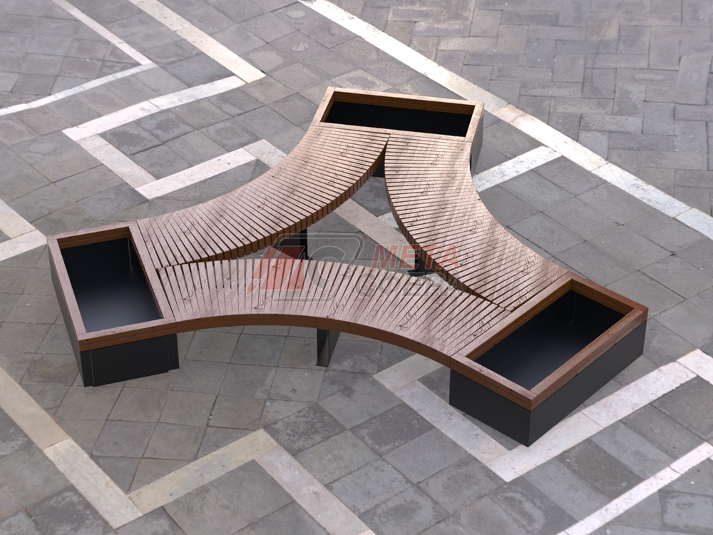 Лавка Rail Road 03 вогнутая с 3-мя вазонами