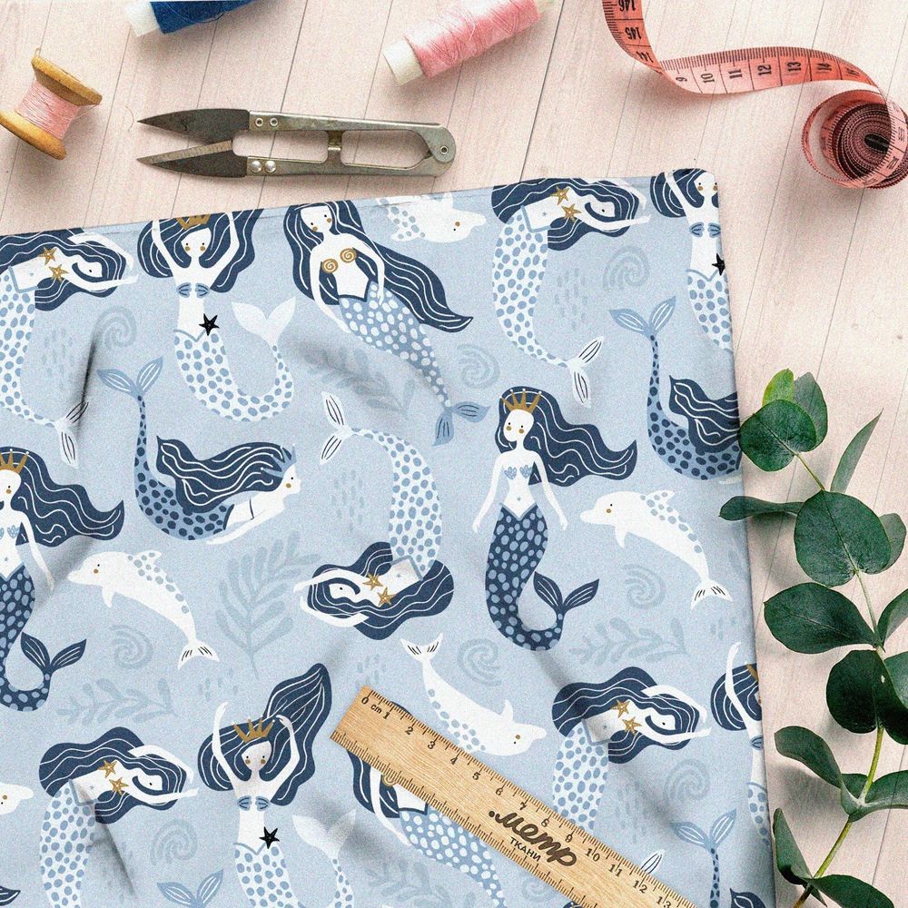 Ткань шелк Армани русалки с дельфинами