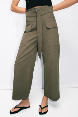 ZARA БРЮКИ КАРГО PAPERBAG С РЕМНЕМ, ХАКИ