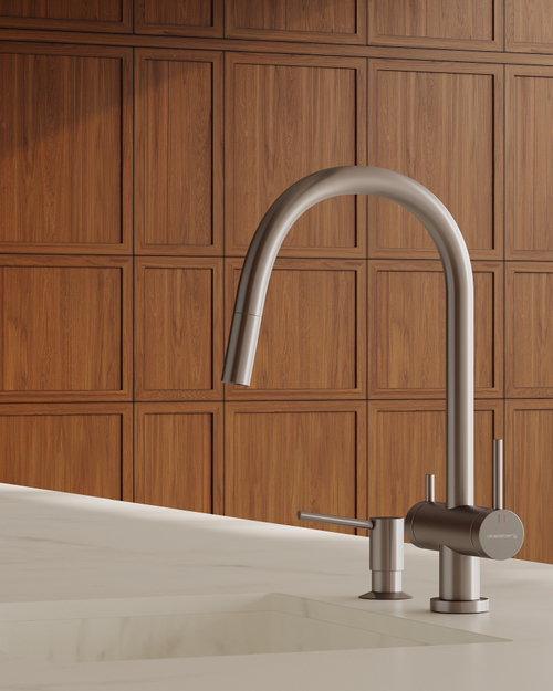 Смеситель для кухни Abelsberg Aera EMF71709BN c вытяжным изливом и возможностью подключения фильтра для воды, цвет титан, PVD покрытие