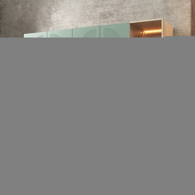 Шкаф Агератум МДФ четырехсекционный с стеллажом Лайн шалфей (0,27) А10024 матовая - Дуб Сонома 3025  240*45*220