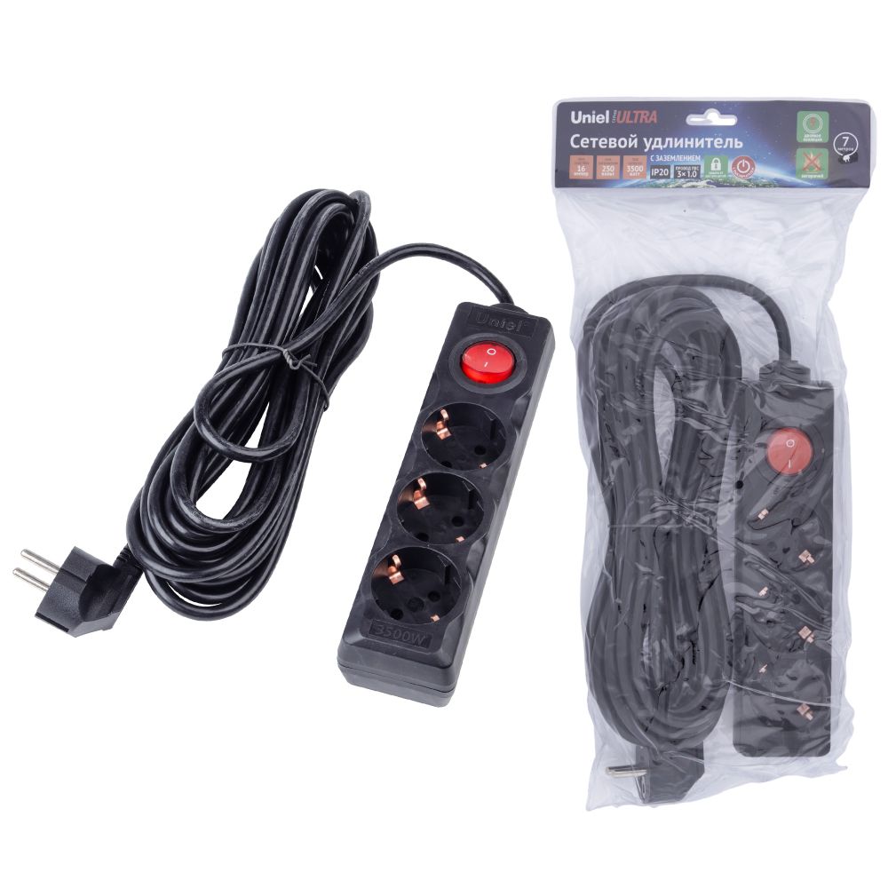S-GCU3-7B BLACK Удлинитель серии Ultra. шнур 7м.. 3 гнезда. 16A. с-з. Черный. TM Uniel