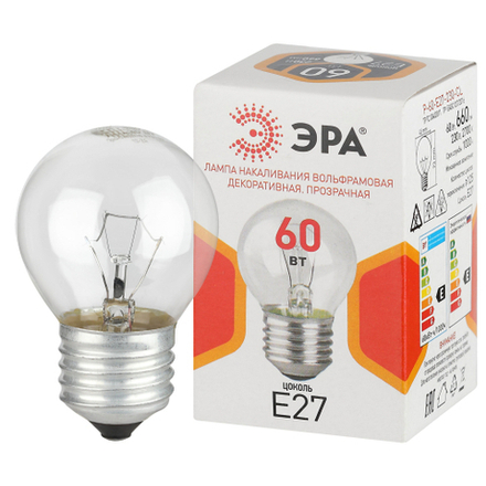 Лампочка ЭРА P45 60Вт Е27 / E27 230В накаливания шар прозрачный