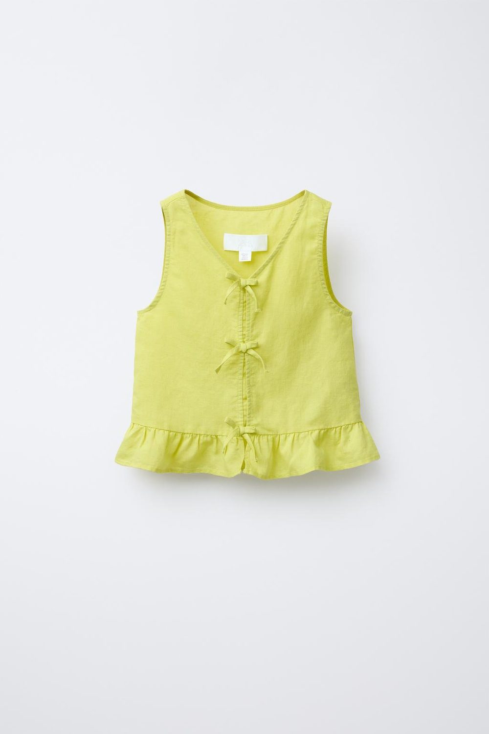 ZARA ТОП ИЗ ХЛОПКА И ЛЬНА С БАНТАМИ, ЛАЙМОВЫЙ