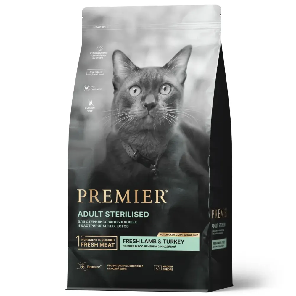 Уценка! Повр.упак/Сухой корм Premier Cat Lamb&Turkey Sterilised для стерилизованных кошек из свежего мяса ягненка с индейкой