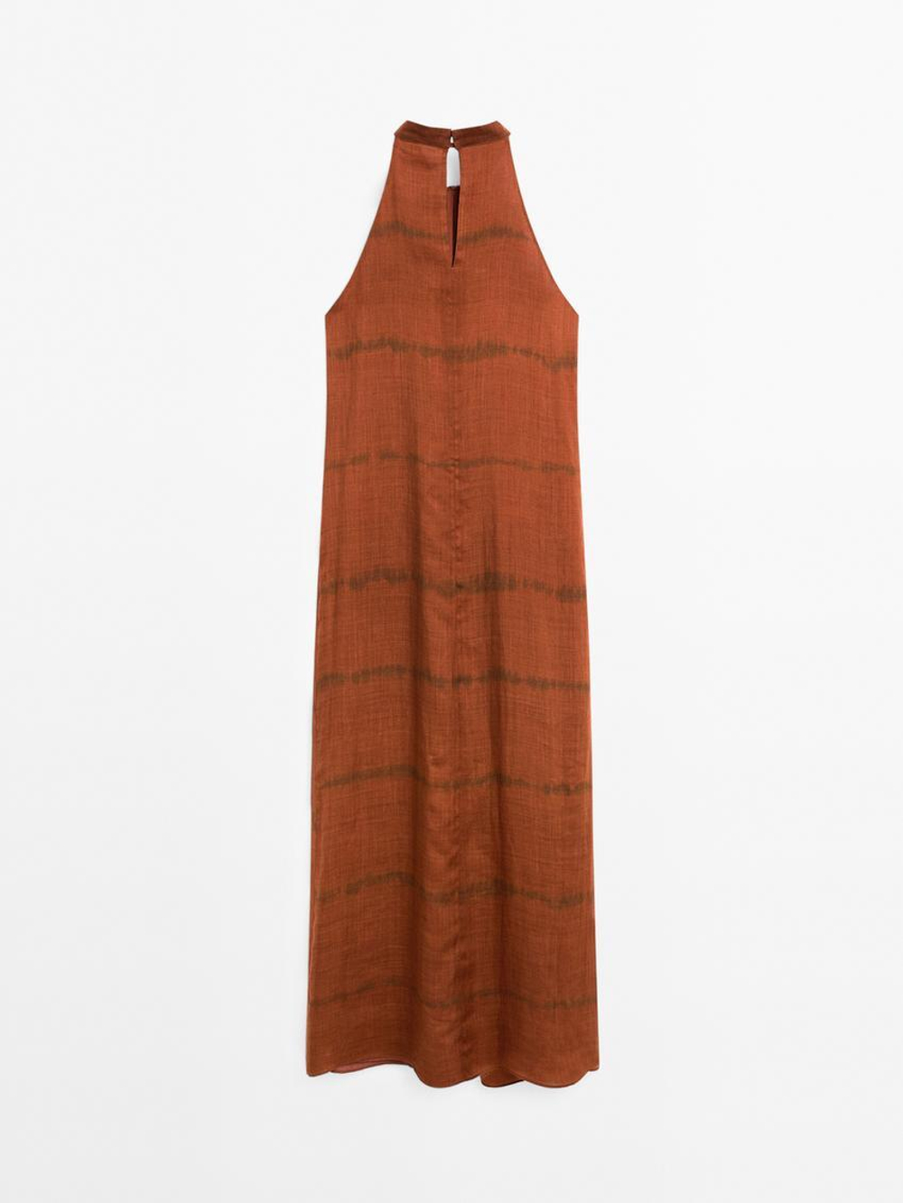 Massimo Dutti Длинное платье в полоску с горловиной халтер, черепичный