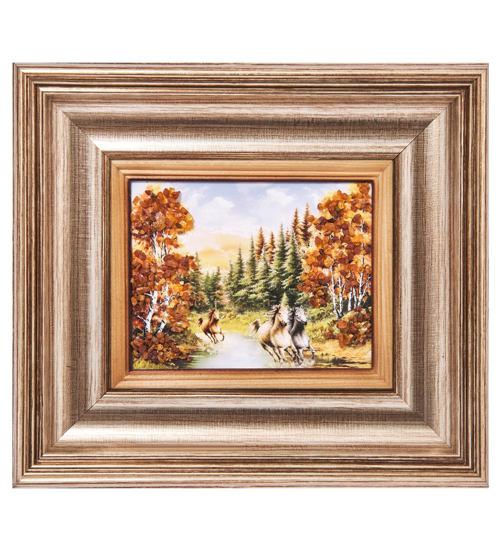 AMB-04/29 Картина «Лошади» (с янтарной крошкой) L-18см