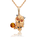 Подвеска «Сова» из красного золота с янтарём и эмалью