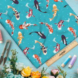 Ткань ниагара японские карпы на бирюзовом фоне