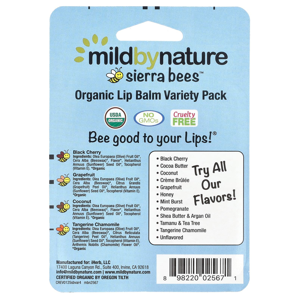 Mild By Nature, Sierra Bees™, органические бальзамы для губ, ассорти, 4 шт. по 4,25 г (0,15 унции)