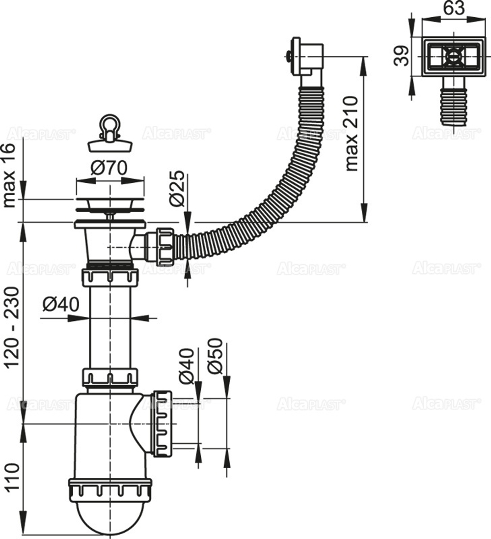 Сифон для мойки AlcaPlast A444-DN50/40