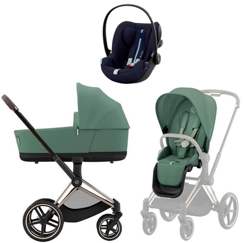 Коляска Cybex Priam IV Rosegold complete и автокресло Cloud G i-Size Ocean Blue Plus 3 в 1 Leaf Green