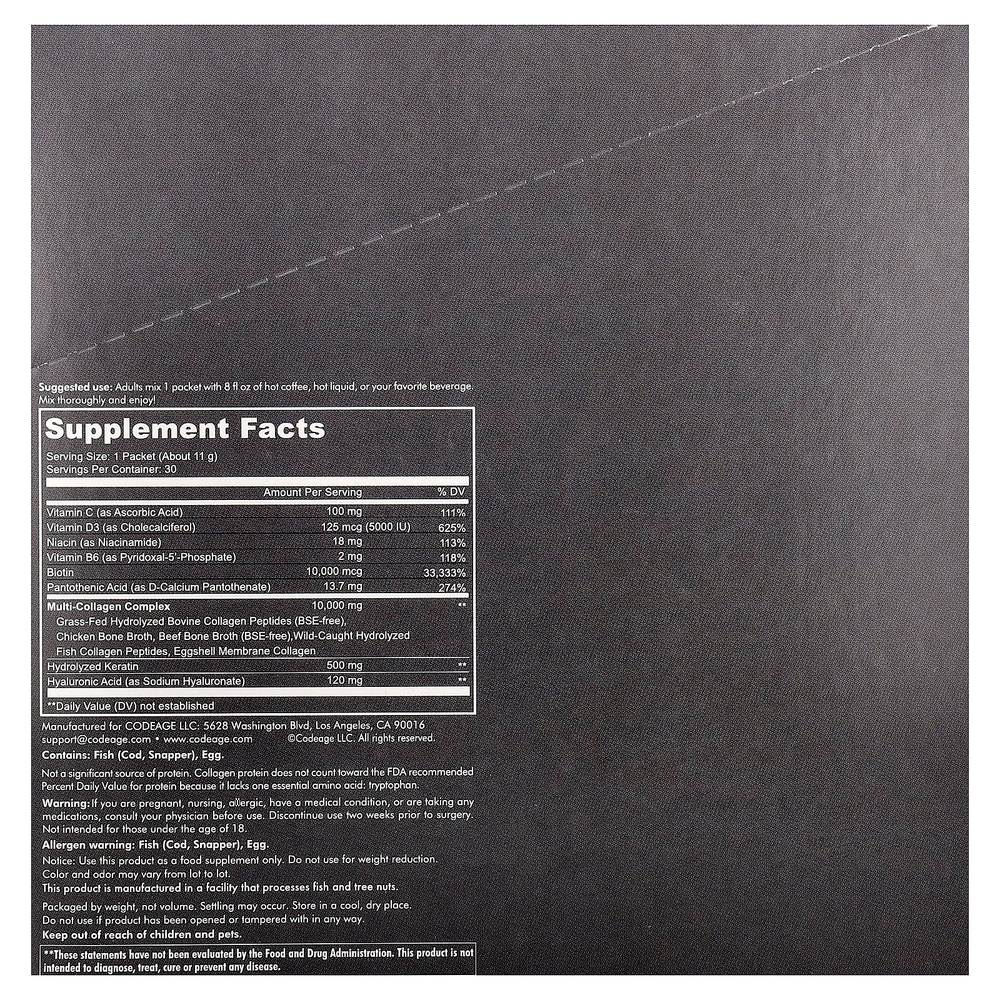 Codeage, Platinum, мультиколлагеновые пептиды, без добавок, 30 пакетиков по 11 г (0,38 унции)
