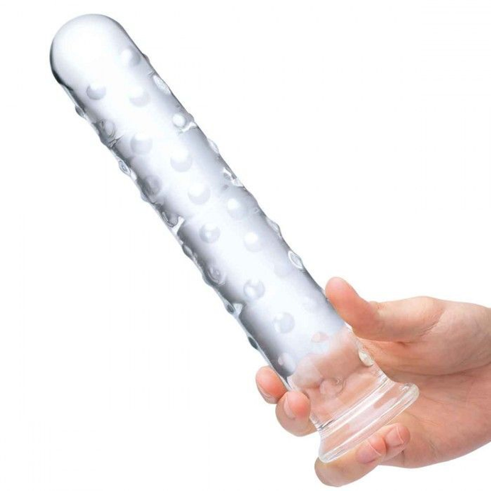 Прозрачный стеклянный фаллос с массажным рельефом 10  Extra Large Glass Dildo - 25,5 см.