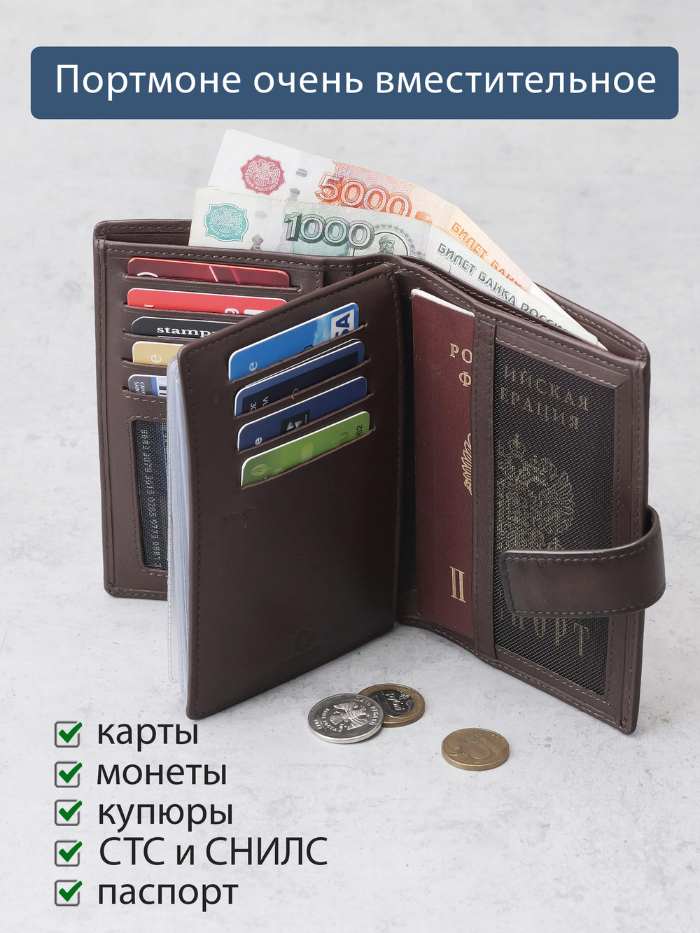 190 R - Портмоне 5в1 с отделениями для документов, RFID защитой