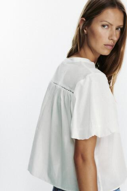 ZARA БЛУЗА С РУКАВАМИ СО СБОРКОЙ ПО НИЗУ, БЕЛЫЙ