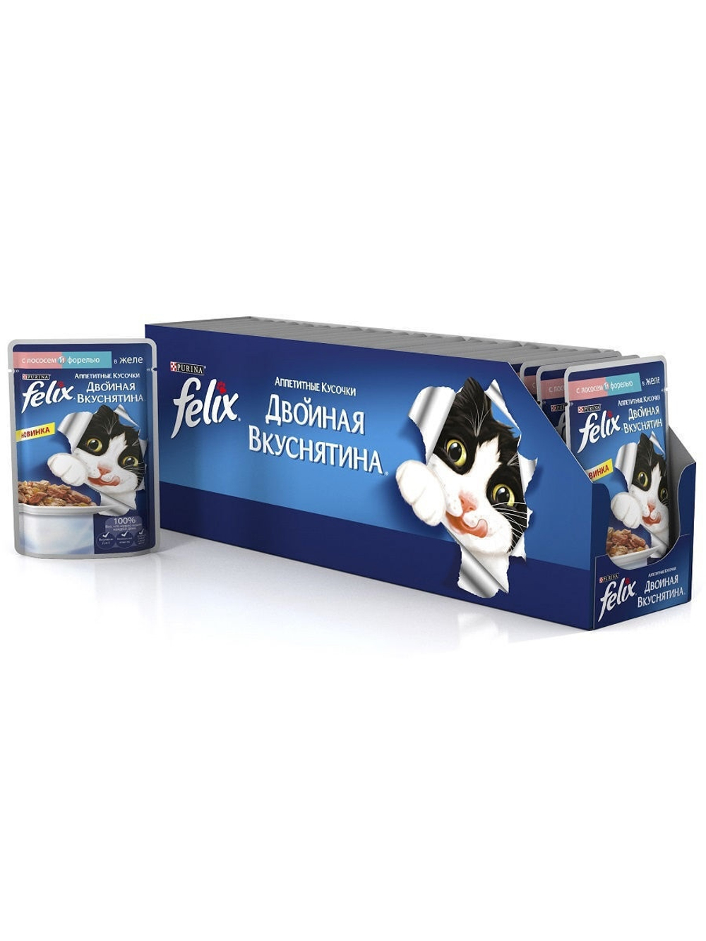 Влажный корм Felix Двойная вкуснятина для кошек, лосось форель в желе, 26 шт x 85 г