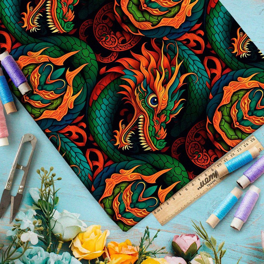 Ткань премиум интерлок эффектные восточные драконы