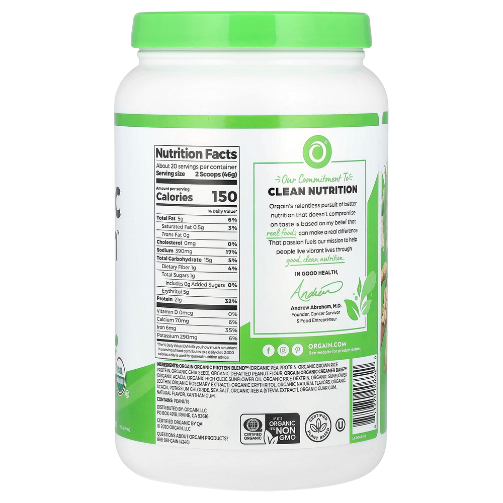 Orgain, органический протеиновый порошок, растительный, арахисовое масло, 920 г (2,03 фунта)