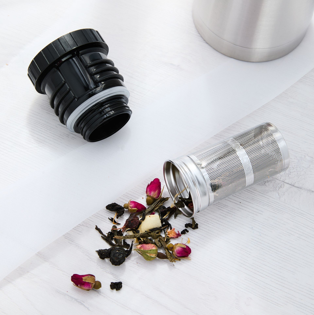 Термос Biostal (1 литр), узкое горло, пробка с ситечком, пробка с кнопкой