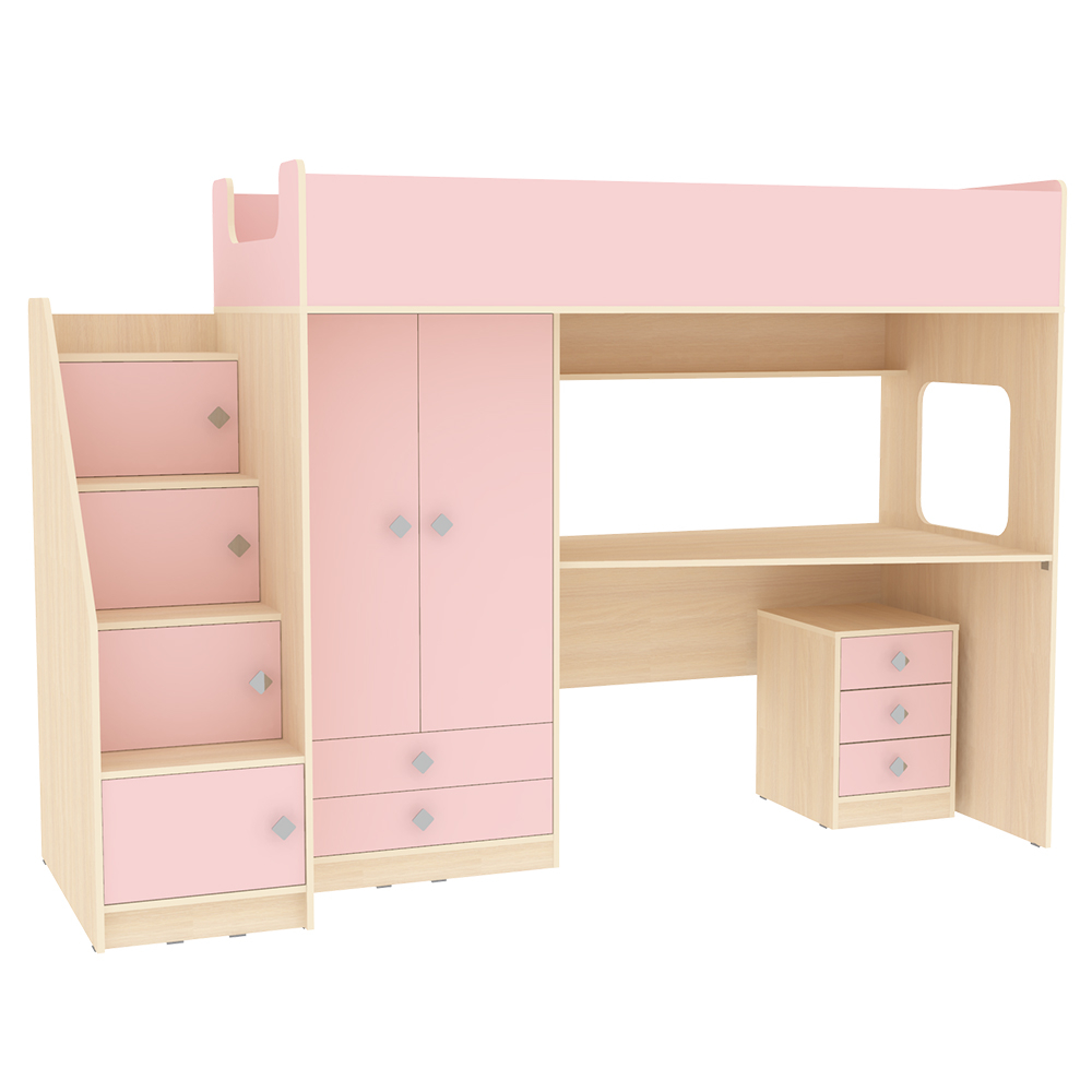 Кровать-чердак КарИВи Л-A606.3 с тумбой 80х190  Дуб Молочный Розовый