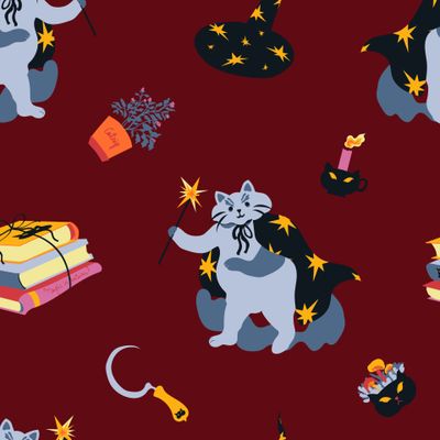 Милый кот-колдун и его магические предметы на тёмно-красном фоне. Cute wizard cat and his magical items on dark red background