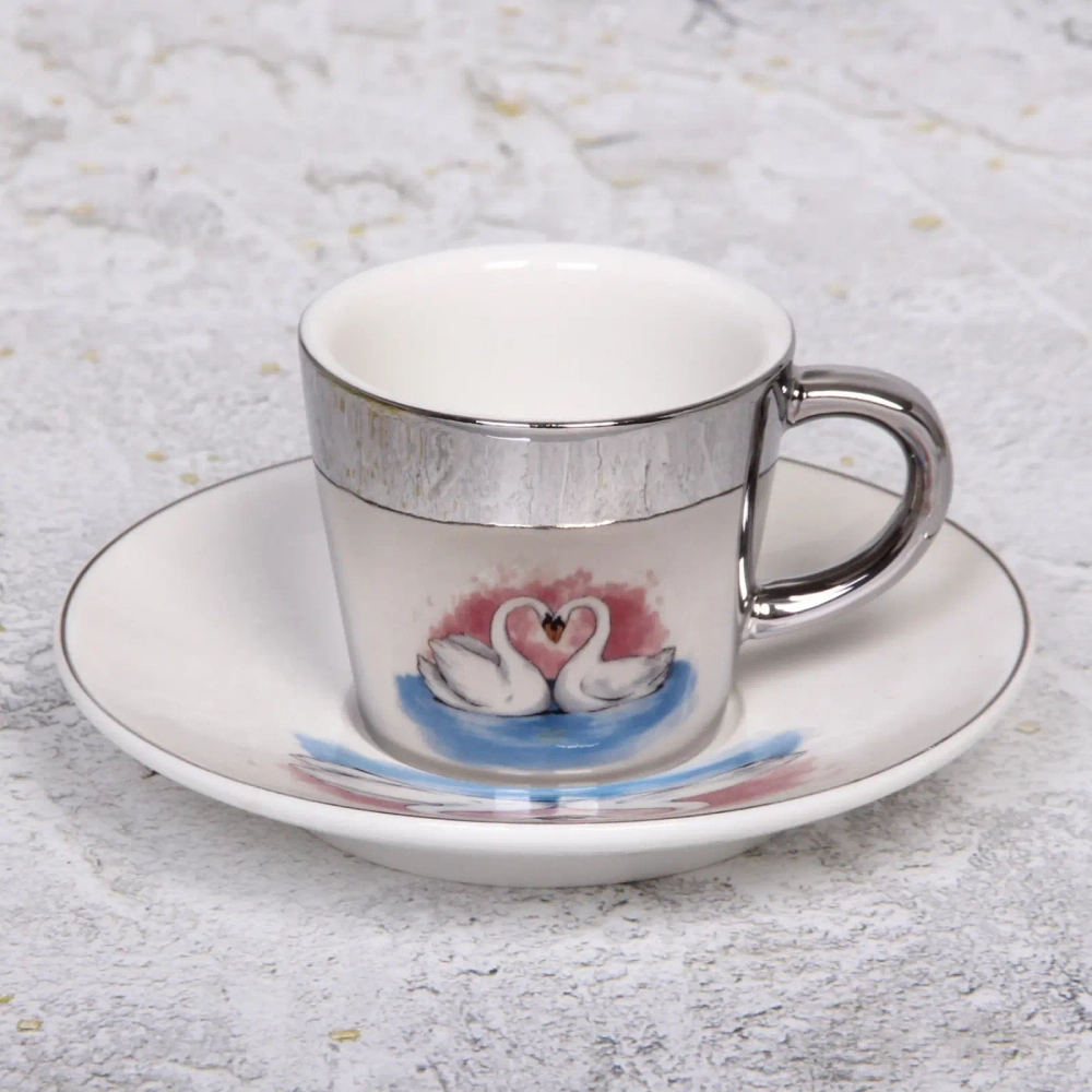 Кофейная пара (зеркальная кружка 90мл+блюдце) анаморфный дизайн «Лебеди»