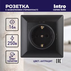 Розетка Intro Solo 4-202-05 с заземлением 2P+E Schuko, 16А-250В, IP20, СУ, антрацит