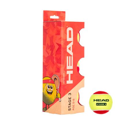 Мяч теннисный детский HEAD Stage 3 Red, 578433,уп.3 шт, фетр,нат.резина,желто-красный
