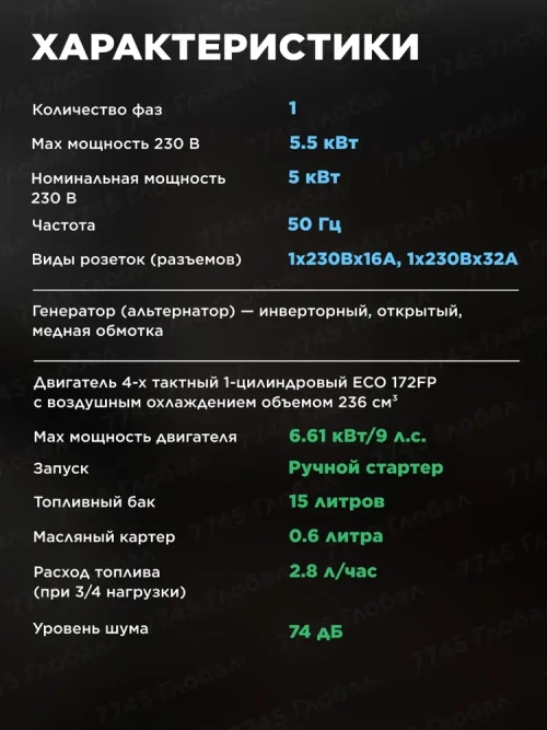 Генератор бензиновый инверторный 5,5 кВт 15л ECO PE-7000RSI (EC1563-9)