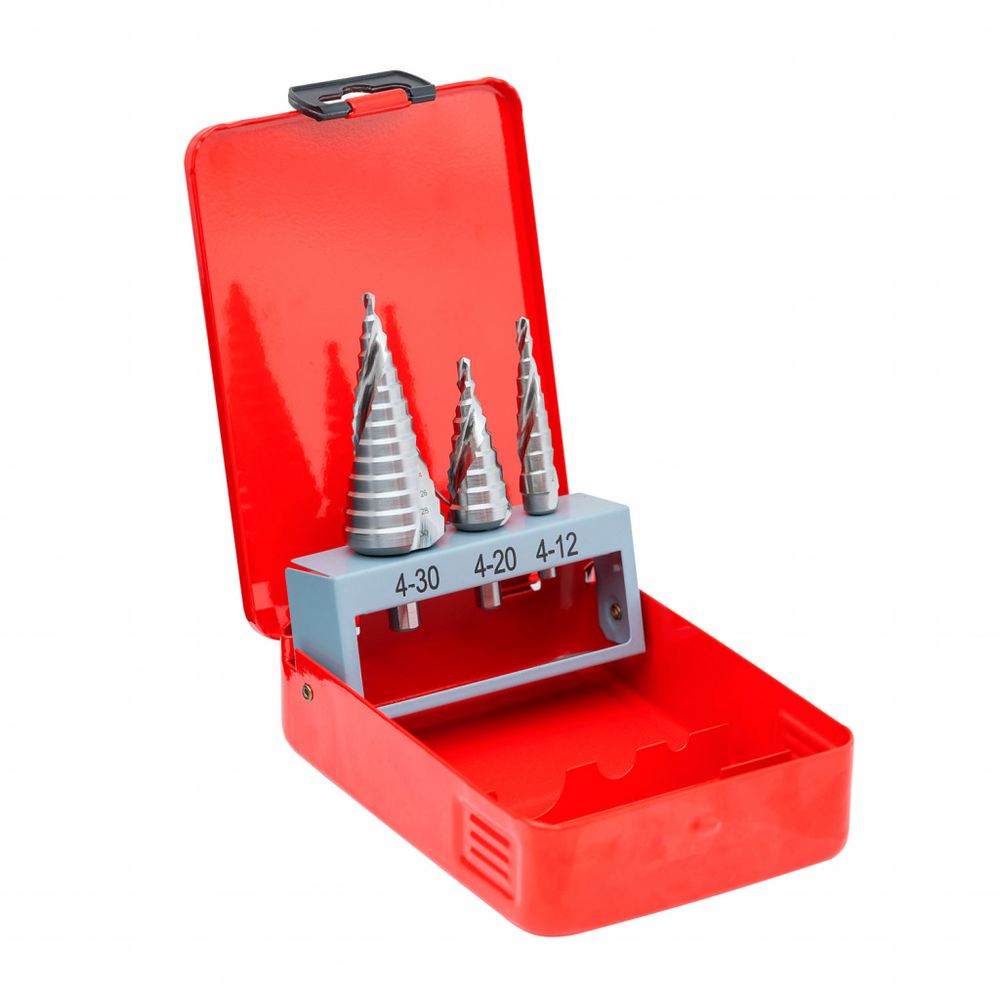 Набор из 3 шт ступенчатых сверл со спиральной канавкой HSS M2 4-12, 4-20, 4-30