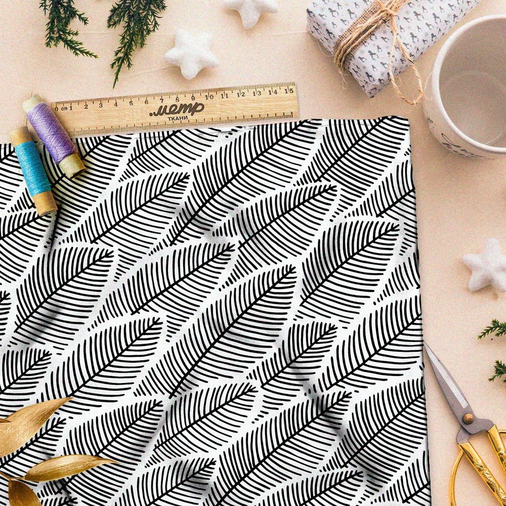 Ткань лён плотный рисунок чёрно-белого папоротника