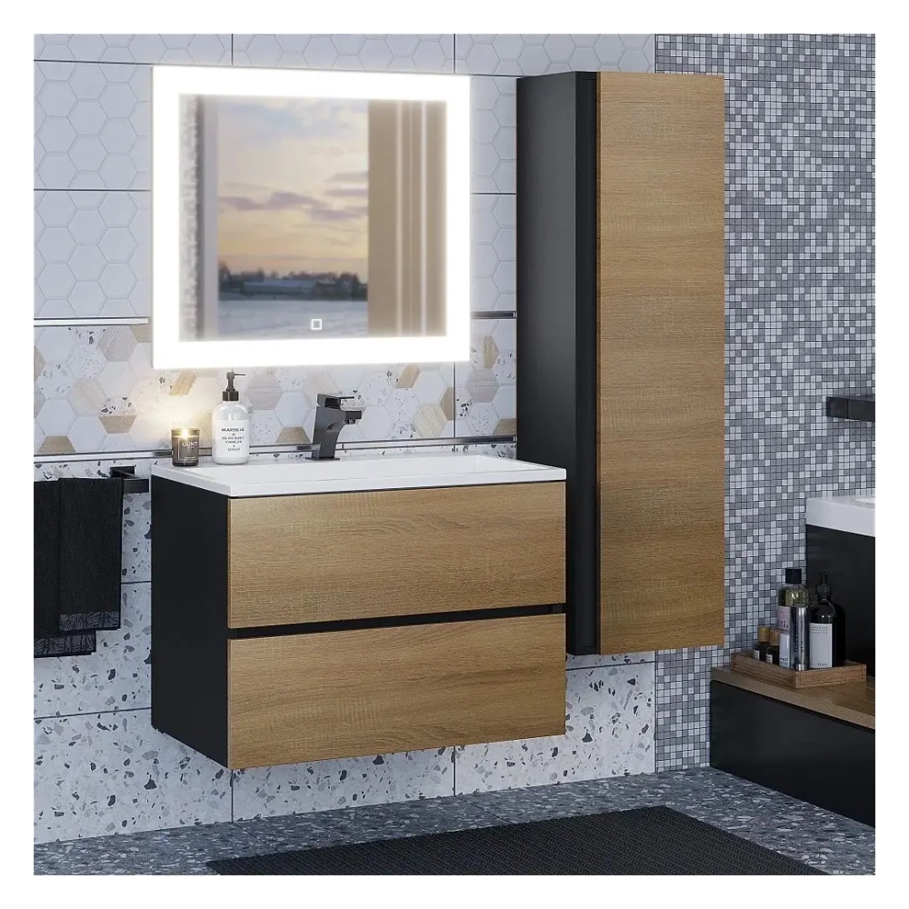 Тумба с раковиной Uperwood Barsa 70 см, раковина белая, подвесная тумба черная/дуб сонома