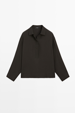 Massimo Dutti Рубашка с драпированными пуговицами, шоколадно-коричневый