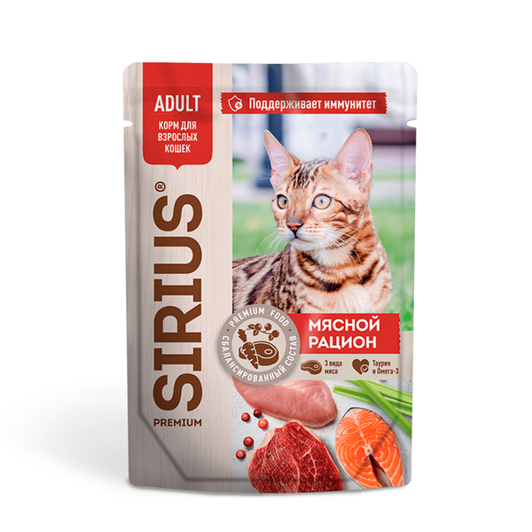 Влажный корм Sirius мясной рацион в соусе для взрослых кошек 85 г Сириус