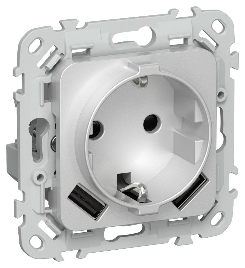 FLITE Розетка 1-местная с заземлением с защитными шторками 16А с USB A+A 3,1А безвинтовое крепление РСЮша11-1-ФлА алюминий IEK