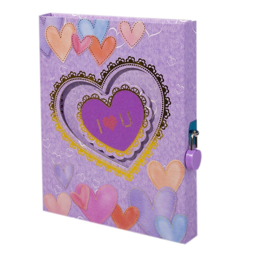 Блокнот в футляре 17,0 см * 22,0 см, гребень, Alingar, мел.картон, аппликация, замочек, 60 л., линия, "Сердце", фиолетовый