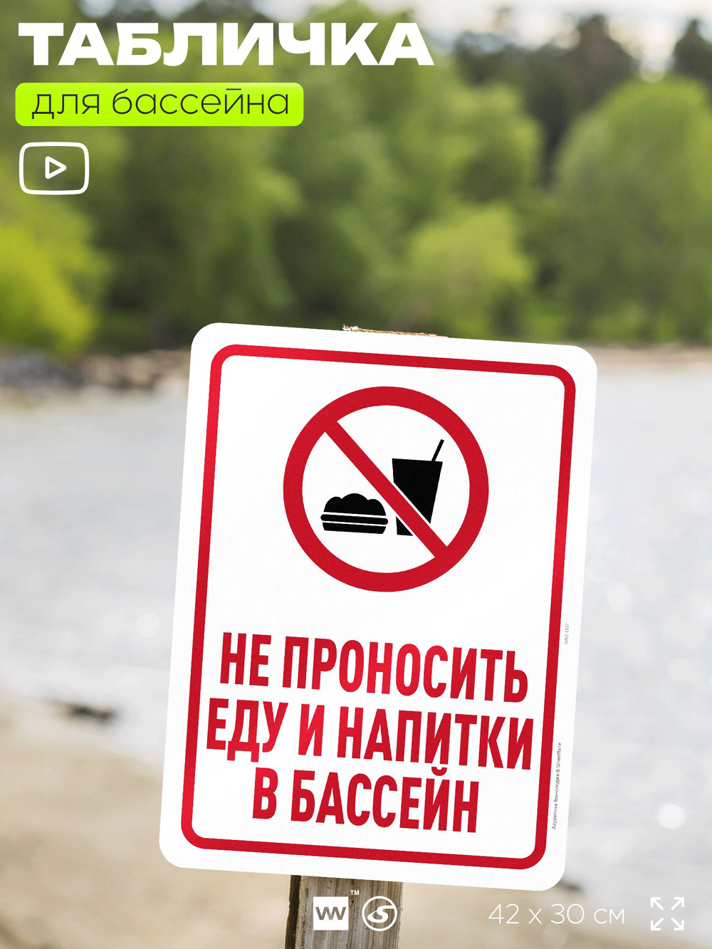 Табличка для бассейна "Не проносить еду и напитки в бассейн", на пляж, для общественной и частной зоны отдыха, информационная, 40х30 см, Silver Plane x Айдентика Технолоджи