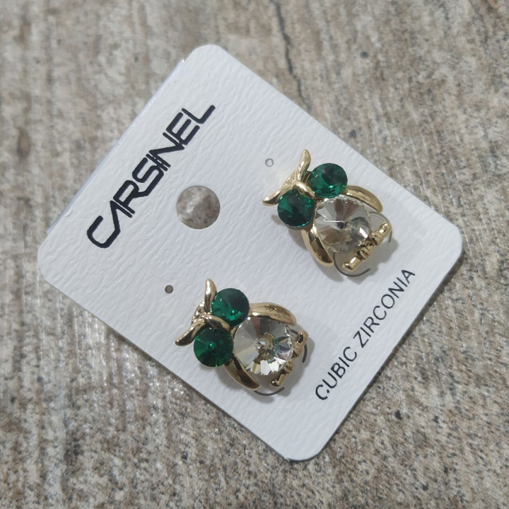 Серьги-гвоздики Сова на ветке кристалл цвет прозрачный глаза зеленые металл золотистый