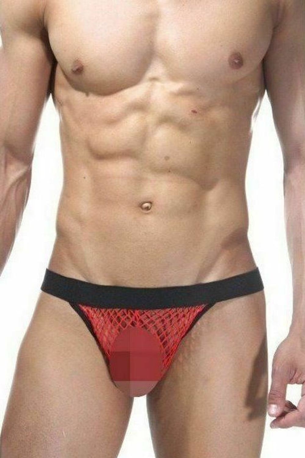 Мужские красно-черные трусы-стринги из сетчатого полотна (Размер: L-XL) (Цвет: красный с черным)